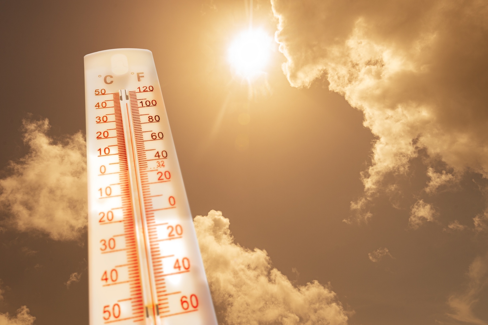 Outdoor Thermometer In The Sun During Heatwave Hot Weather High